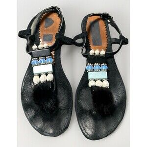 Handmade Greek Sandals 40 US 9 Boho Beaded Rhinestone Pom Pom Leather Black
